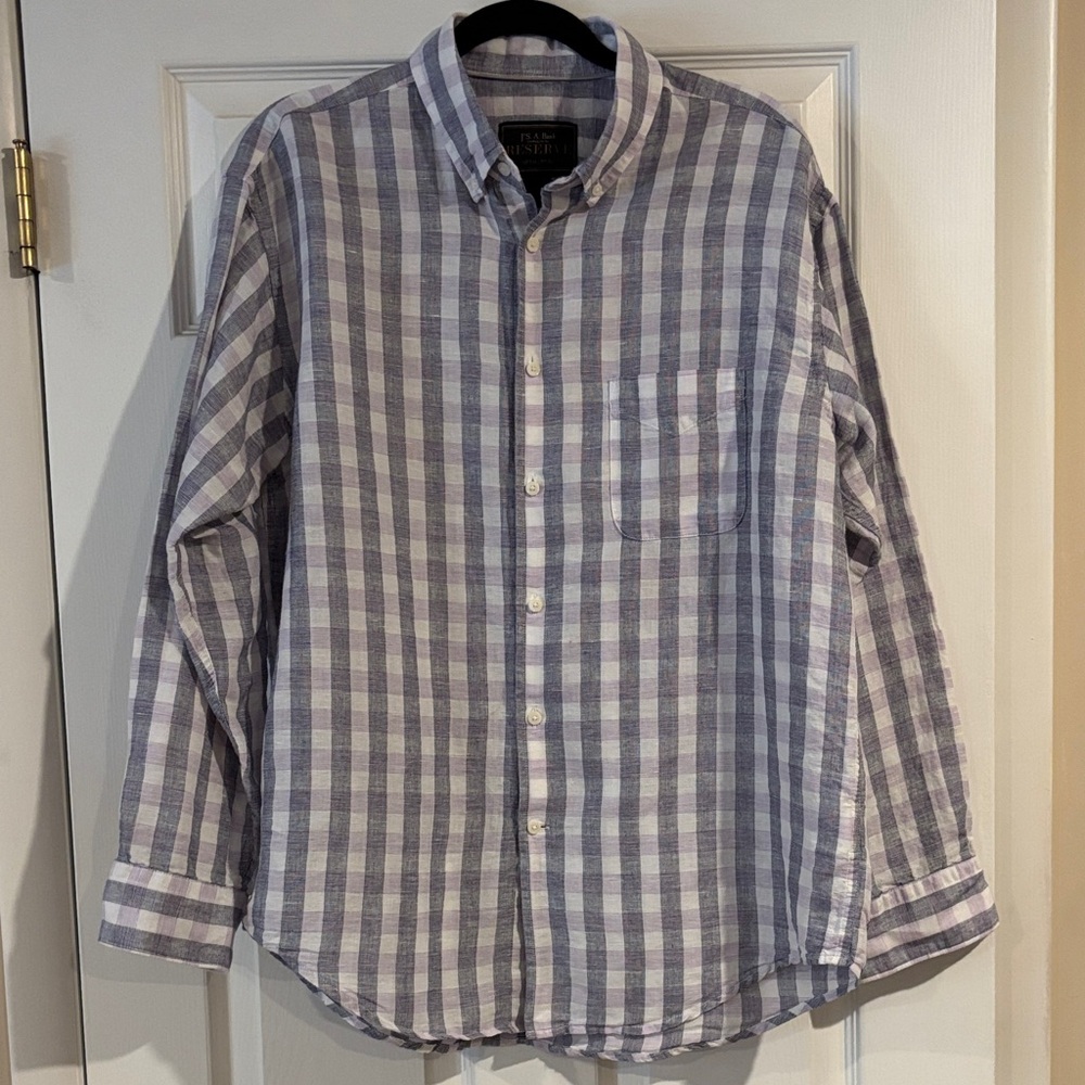 Jos. A. Bank RESERVE Gray and White Plaid Men's Linen Shirt sz Large